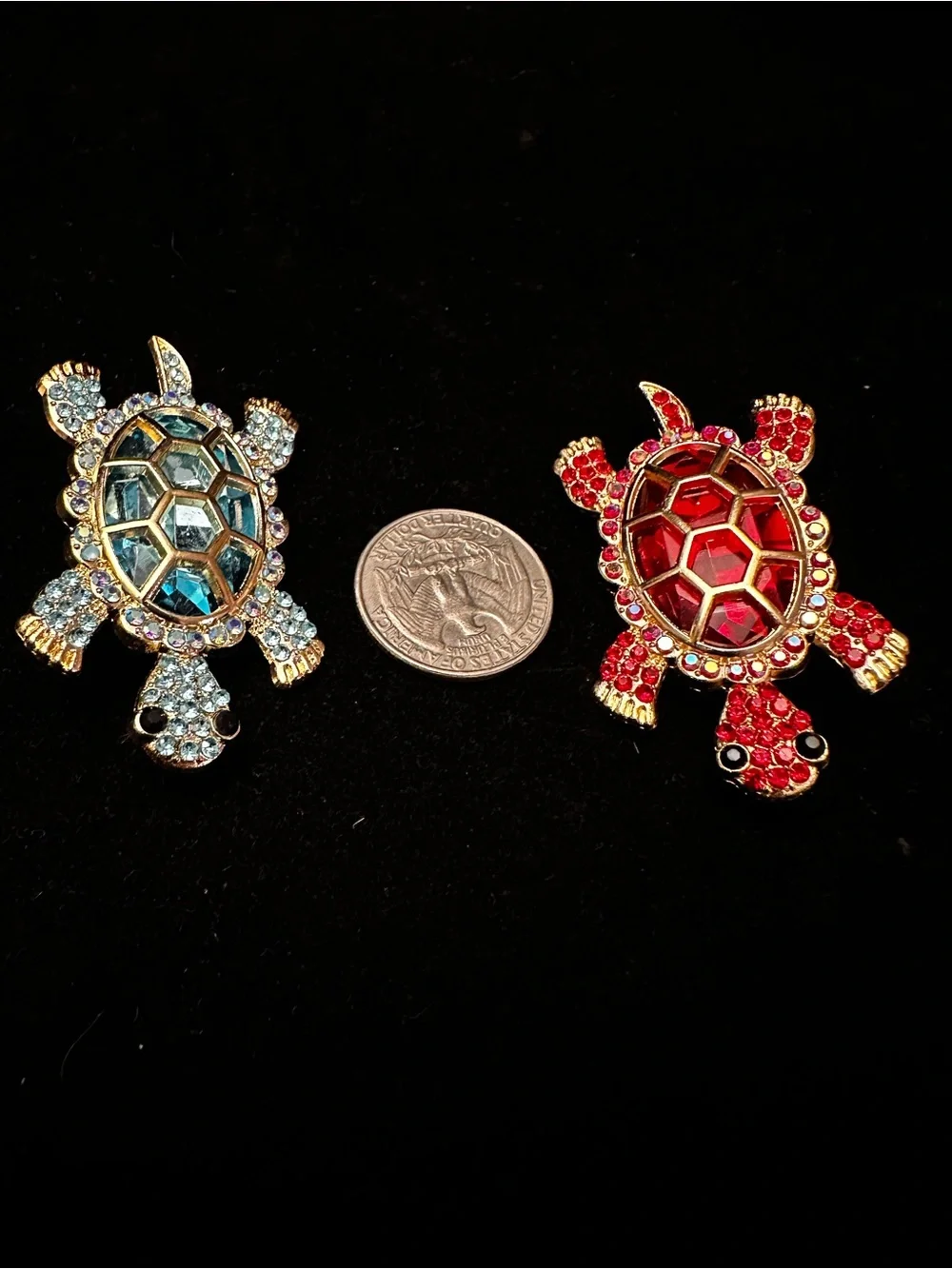 Crystal Turtle Brooches - Blue & Red Rhinestone Set